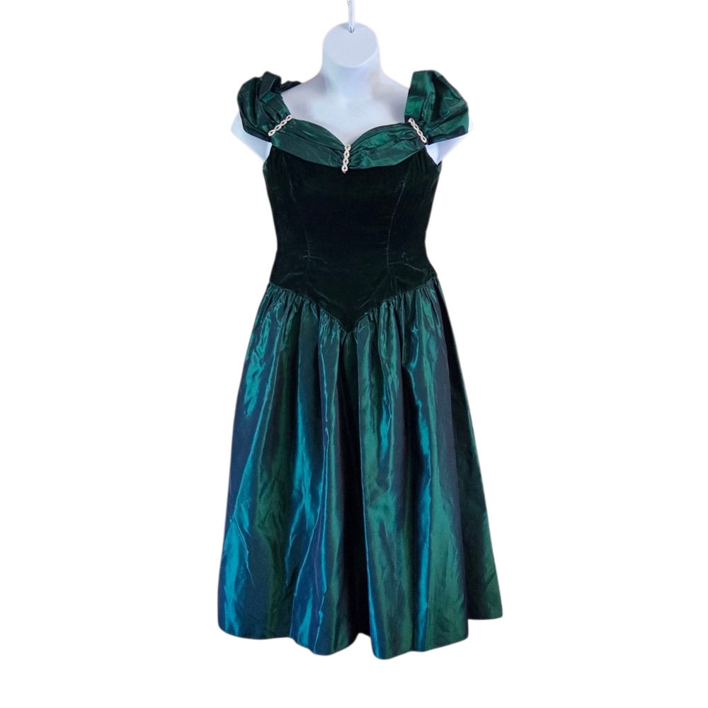 1980s Emerald Green Velvet Taffeta Dress Corset Sz 12P Rock Glam Christmas EPIC